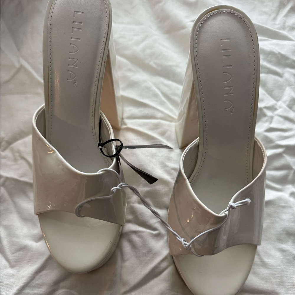 Forever 21 White Patent Open-Toe Platform Mules